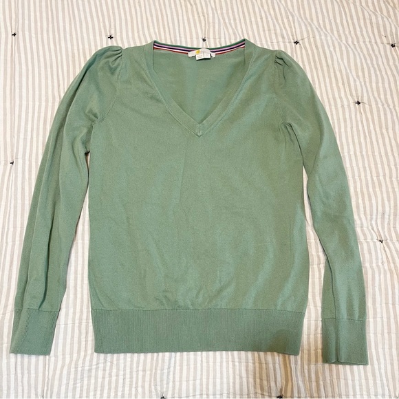 Boden Light Green V Neck Puff Sleeve Sweater - Picture 1 of 3
